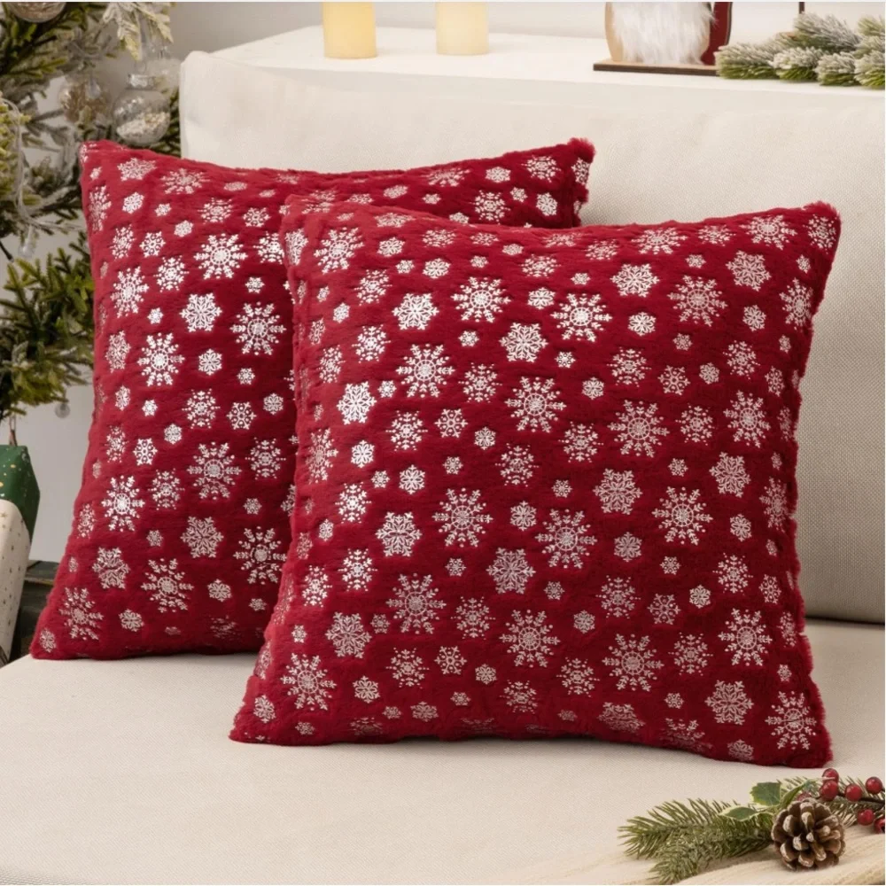 Snowflake Faux Fur SQUARE Pillow Covers RED/SILVER 18x18” (2-Pack)